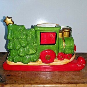 Christmas Candy dish w/Tree, Sleigh, Train, Gifts Red Green Ceramic excellent